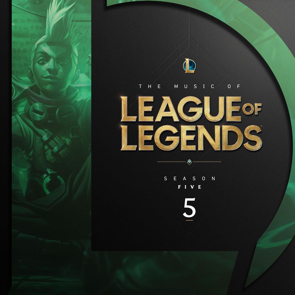 Album art for 'The Music of League of Legends: Season 5'. Ekko is visible inside a cutout in the shape of the League 'L' logo.